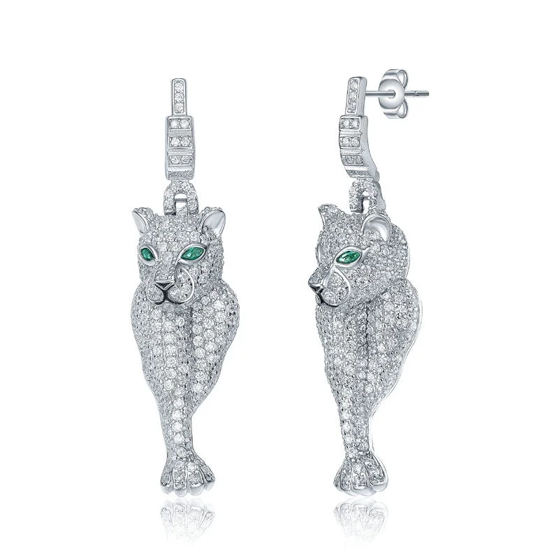 Small Stud Earrings for Delicate -Sterling Silver White Gold Plated with Emerald Eyes Cubic Zirconia Panther Dangle Earrings