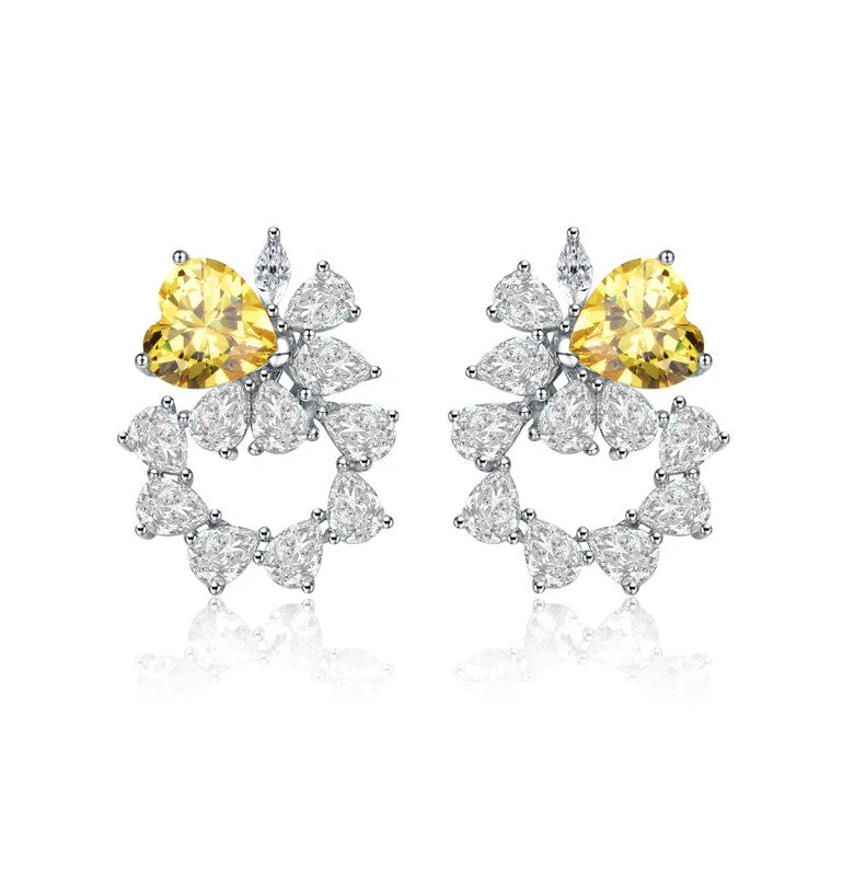 Stud Earrings with Star Motifs -Sterling Silver White Gold Plated with Yellow Cubic Zirconia Floral Stud Butterfly Earrings