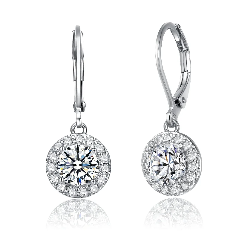 Stud Earrings with Hammered Finish -Sterling Silver White Gold Plating with Clear Cubic Zirconia Halo Drop Dangle Earrings