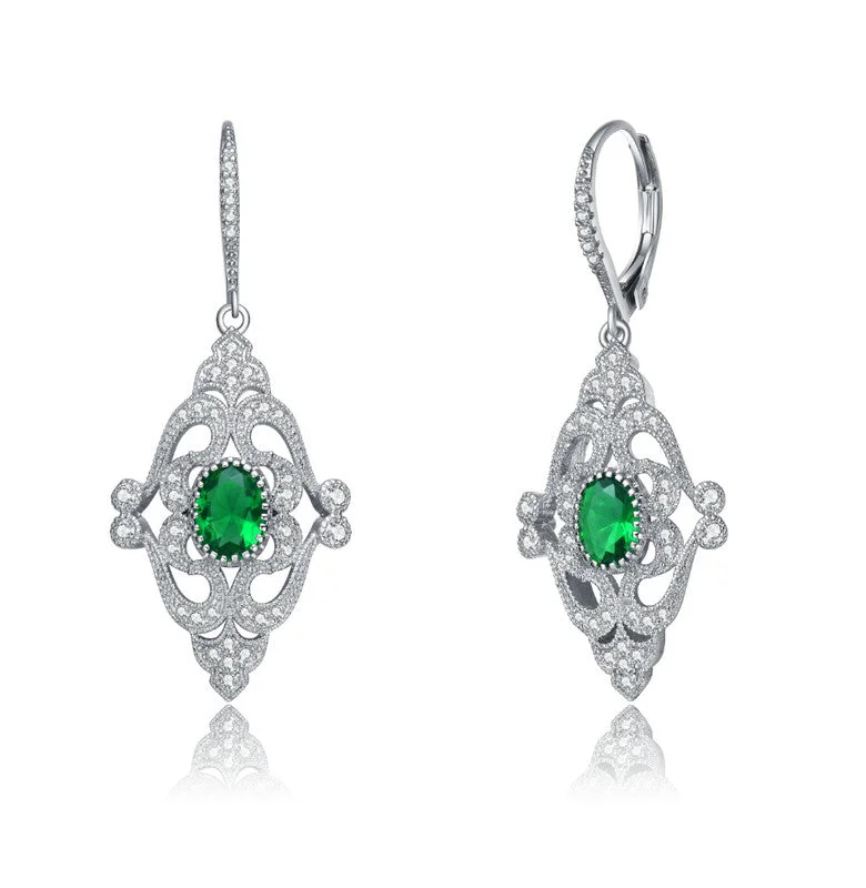 Heart Shaped Stud Earrings for Love -Sterling Silver White Gold Plating with Emerald Green Cubic Zirconia Leverback Earrings