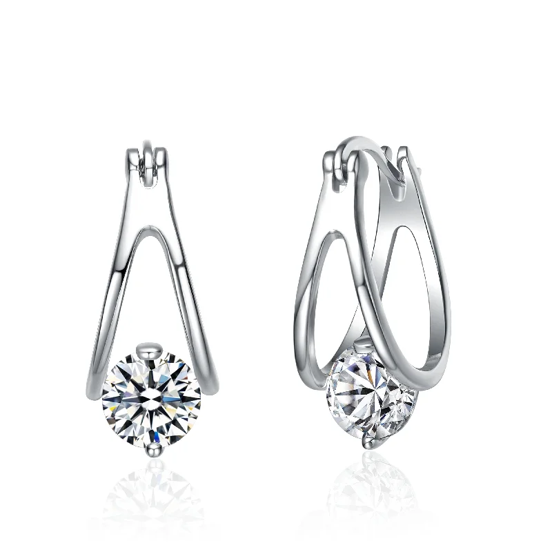 Push Back Stud Earrings for Convenience -Sterling Silver with 1.50ctw Lab Created Moissanite Solitaire Double Hoop Earrings