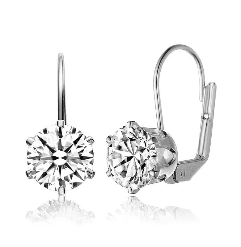 Floral Stud Earrings with Petals -Sterling Silver with Clear Cubic Zirconia Classic Leverback Earrings