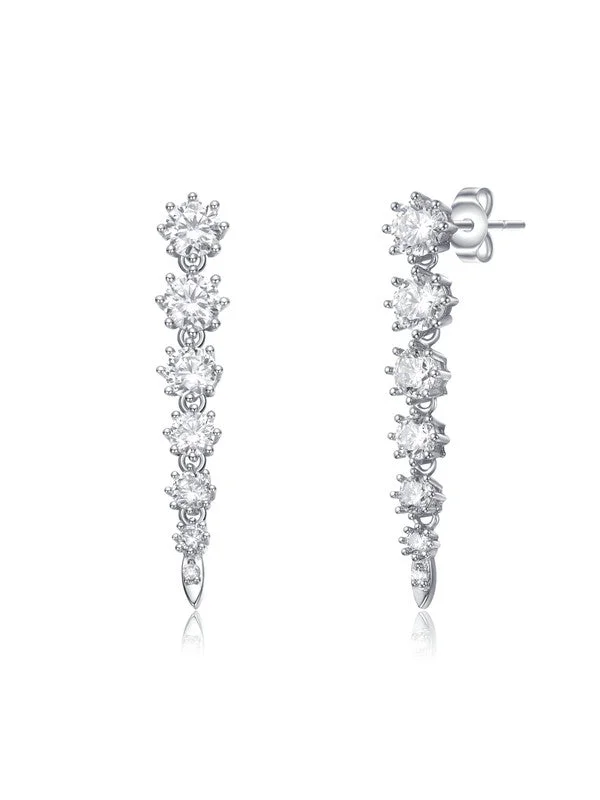 Stud Earrings with Vine Designs -Sterling Silver with Clear Cubic Zirconia Linear Fringe Icicle Earrings