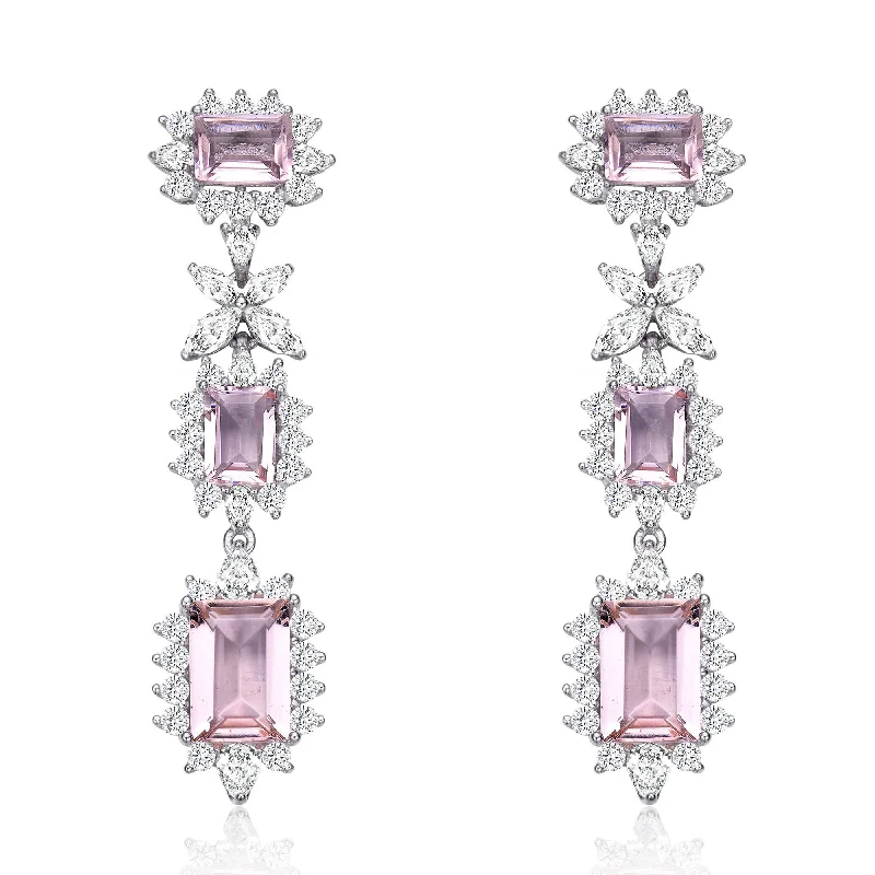 Geometric Drop Earrings for Trend -Sterling Silver with Rhodium Plated Morganite Emerald with Clear Cubic Zirconia Halo Three-Tier Earrings