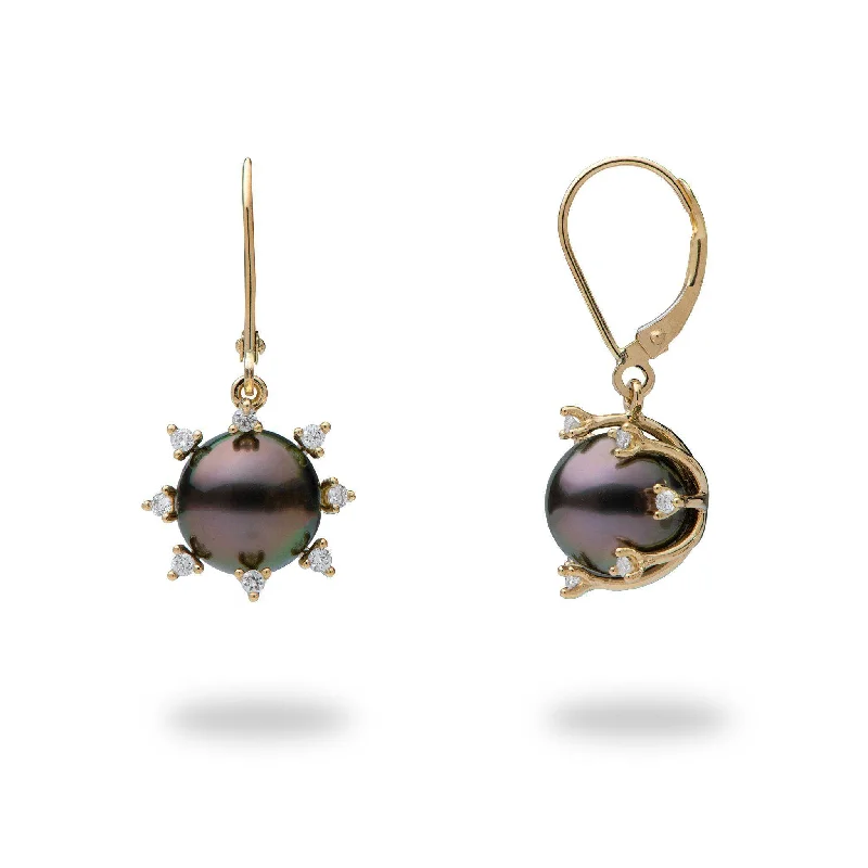 Drop Earrings for Anniversary -Protea Tahitian Black Pearl Earrings in Gold with Diamonds - 9-10mm