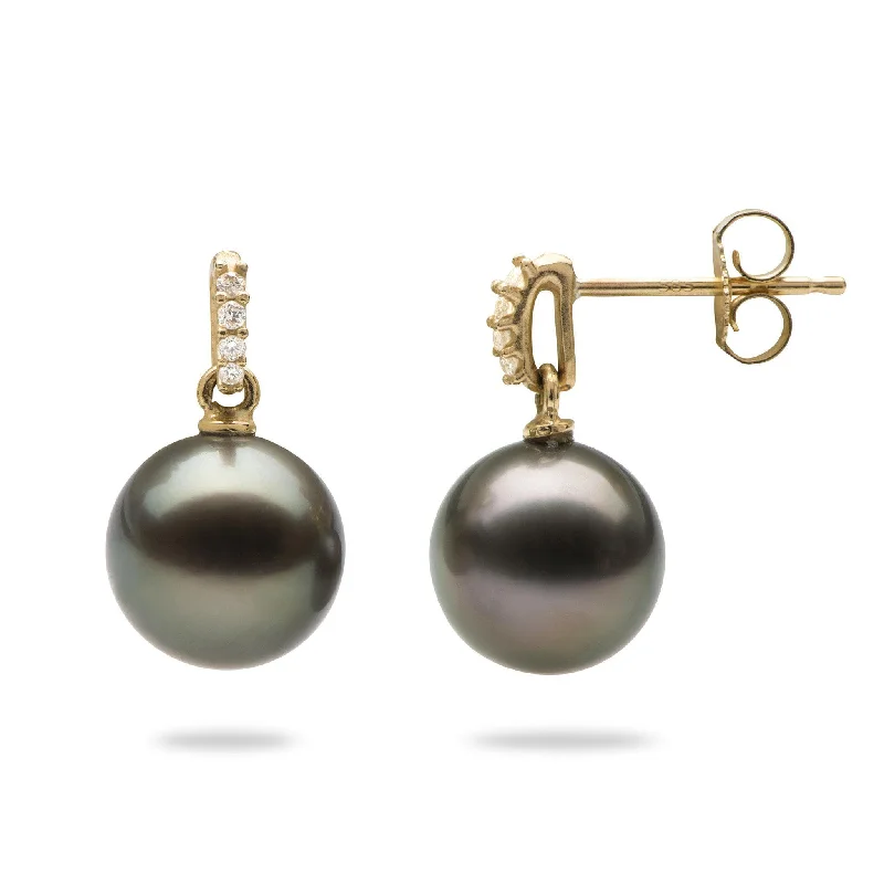 Punk Drop Earrings with Spikes -Tahitian Black Pearl Earrings in Gold with Diamonds - 9-10mm