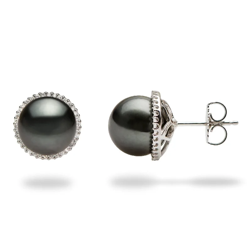 Studded Drop Earrings with Gemstones -Tahitian Black Pearl Earrings in White Gold with Diamonds - 10-11mm