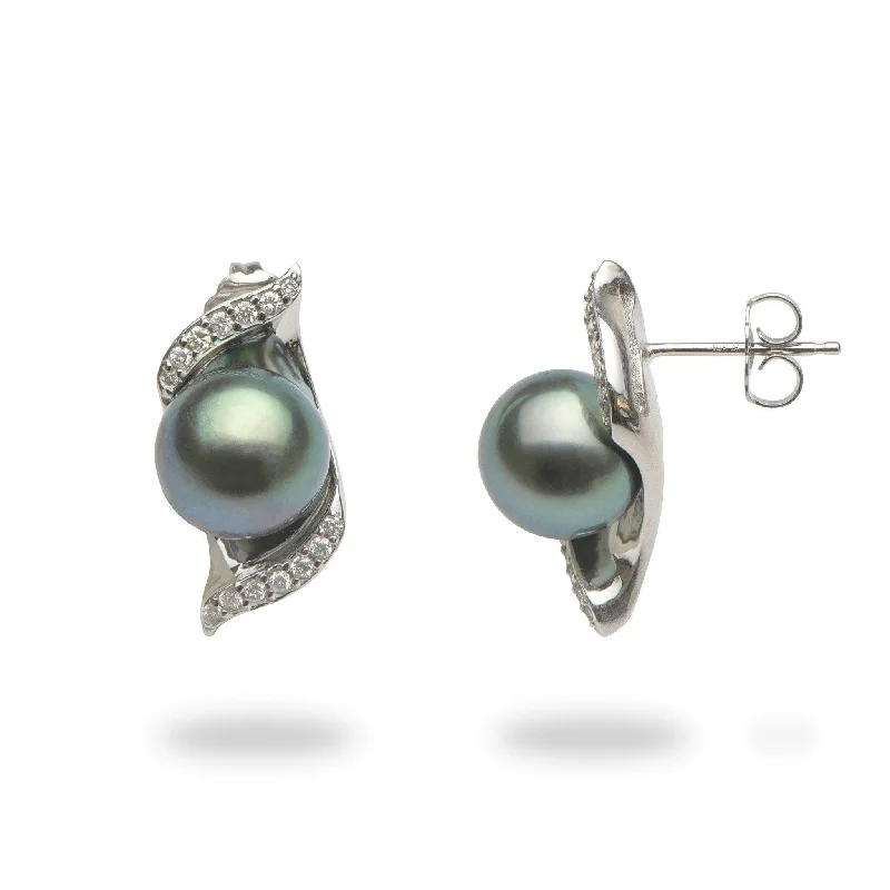 Drop Earrings for Everyday Glamour -Nalu Tahitian Black Pearl Earrings in White Gold with Diamonds - 9-10mm