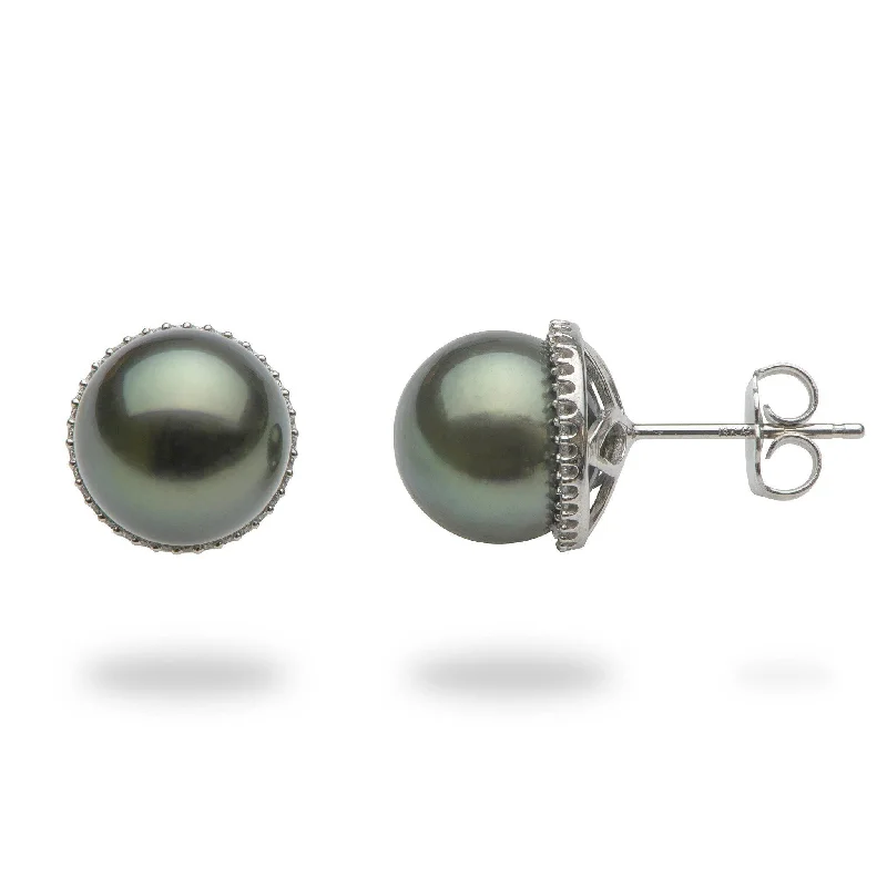 Clip On Drop Earrings for Non Pierced -Tahitian Black Pearl Earrings in White Gold with Diamonds - 9-10mm