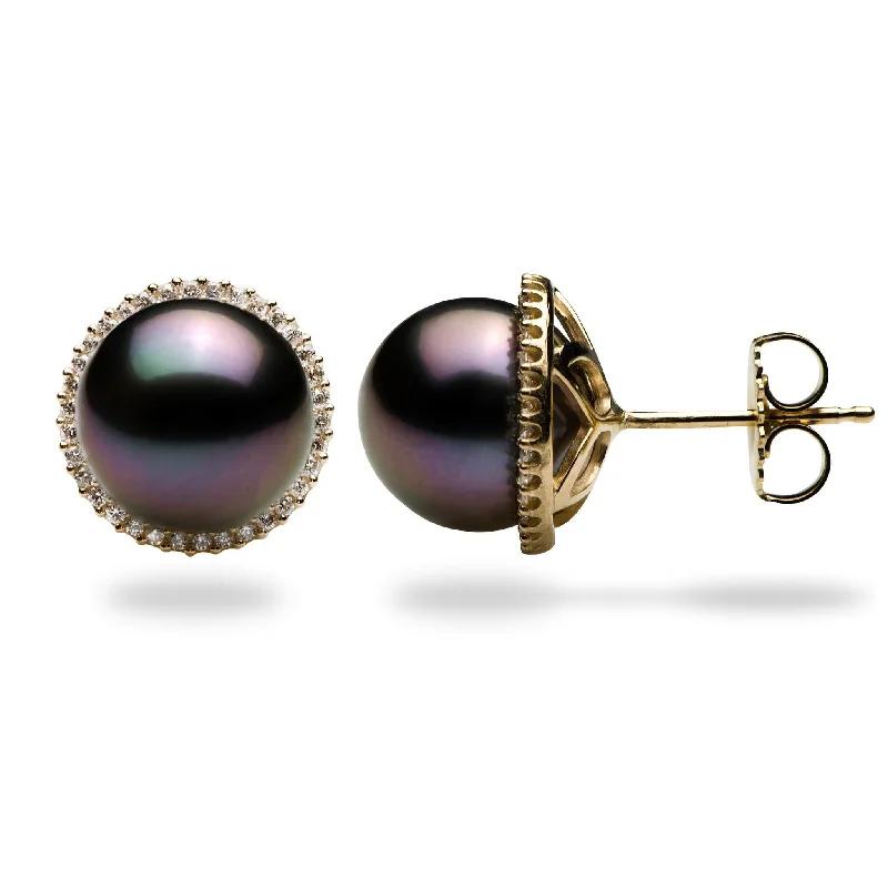 Rhinestone Drop Earrings for Sparkle -Halo Tahitian Black Pearl Earrings in Gold with Diamonds - 10-11mm