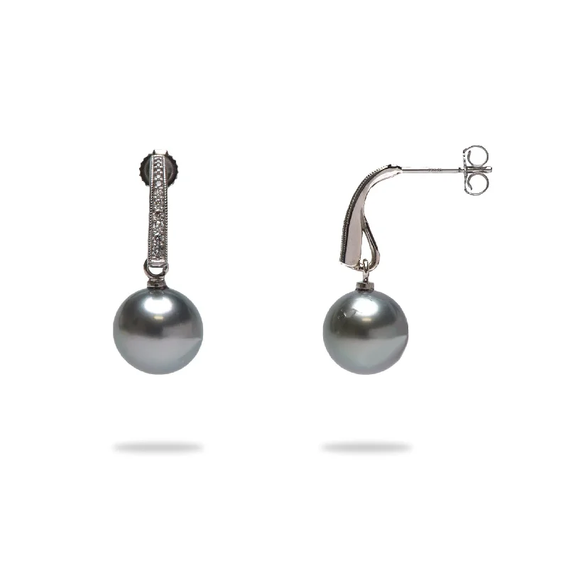 Detachable Drop Earrings with Charms -Tahitian Black Pearl Earrings in White Gold with Diamonds - 9-10mm