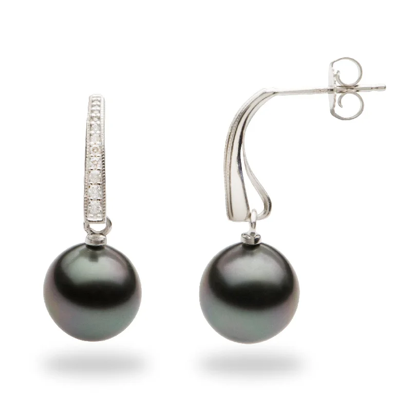 Hypoallergenic Drop Earrings for Sensitive -Tahitian Black Pearl Earrings in White Gold with Diamonds - 9-10mm