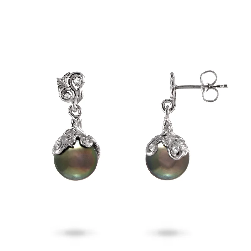 Drop Earrings for Formal Attire -Living Heirloom Tahitian Black Pearl Earrings in White Gold with Diamonds - 9-10mm