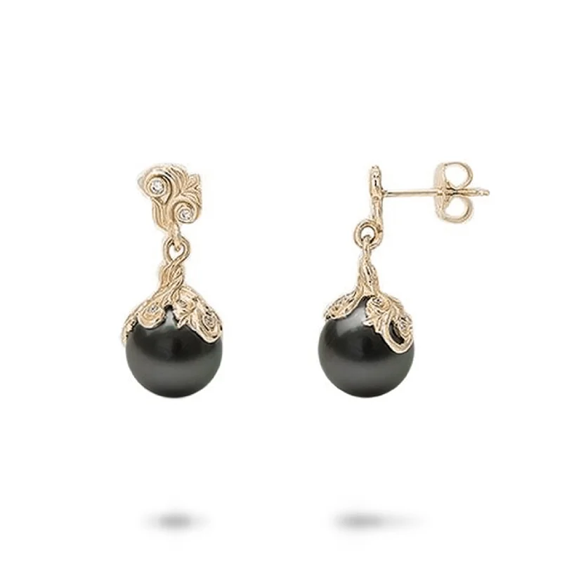 Drop Earrings for Casual Outfit -Living Heirloom Tahitian Black Pearl Earrings in Gold with Diamonds - 9-10mm