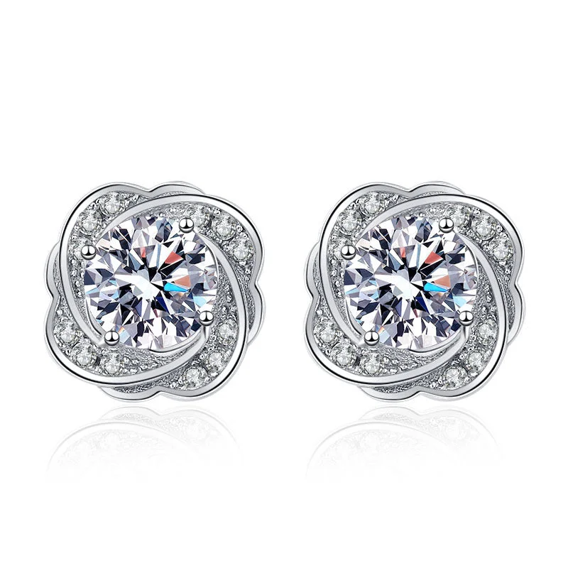 Stud Earrings with Animal Motifs -Tea Flower Floral Moissanite Stud Earrings Silver