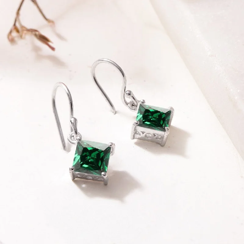 Drop Earrings with Textured Surface -Enchanting Emerald: Rhodium-Plated 925 Sterling Silver Earrings with Green Sparkle