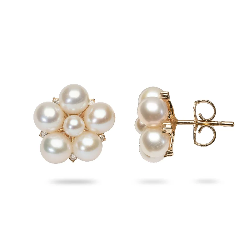 Square Drop Earrings for Modern -Tiny Bubbles Freshwater White Pearl Earrings in Gold with Diamonds