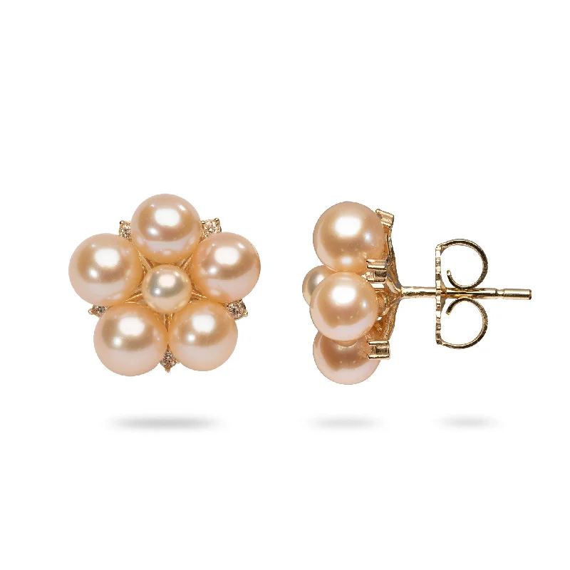 Heart Shaped Drop Earrings for Love -Tiny Bubbles Peach Freshwater Pearl Earrings in Gold with Diamonds