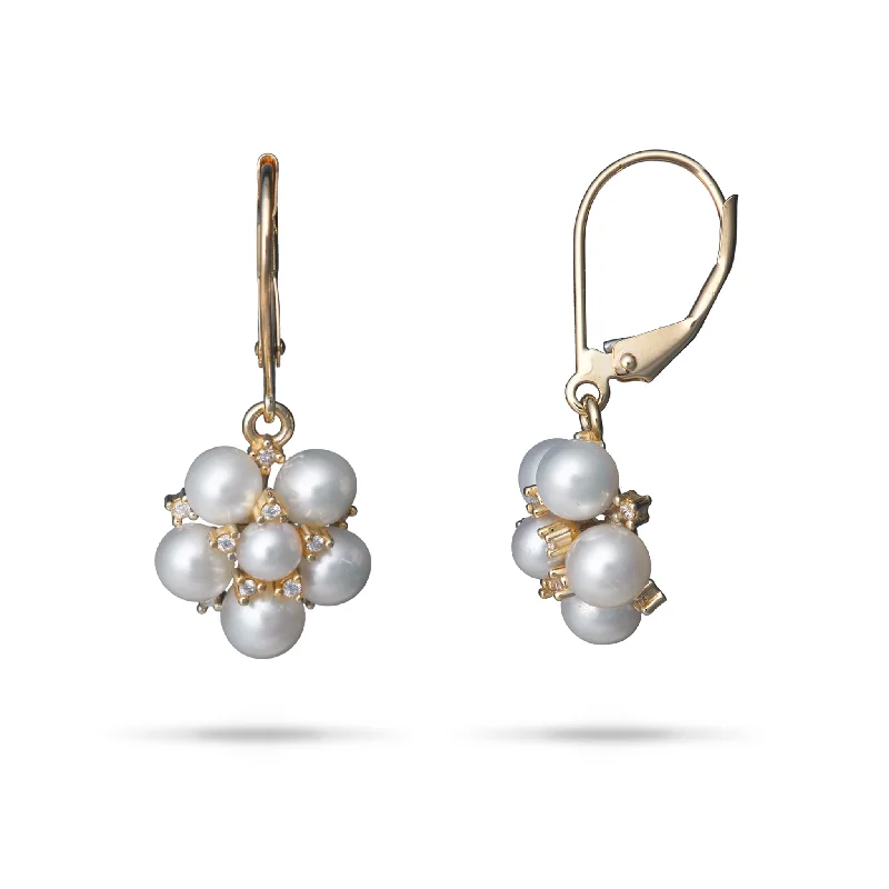 Oval Drop Earrings for Grace -Tiny Bubbles Freshwater White Pearl Earrings in Gold with Diamonds