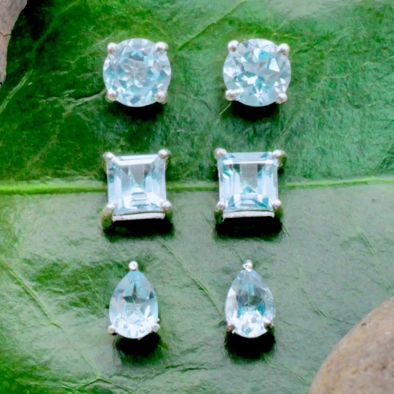 Stud Earrings with Star Motifs -Blue Topaz Stud Earrings - Faceted - Sterling Silver