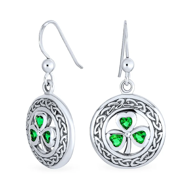 Push Back Drop Earrings for Convenience -Irish Triquetra Celtic Knot Dangle Earrings with Green Emerald CZ in Sterling Silver