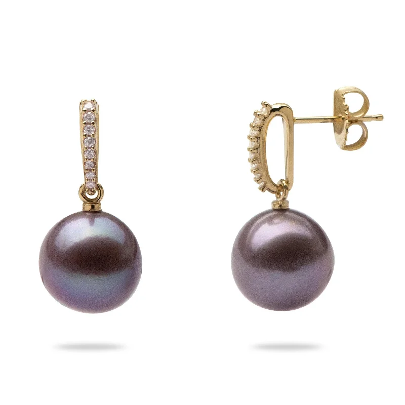 Lead Free Drop Earrings for Health -Ultraviolet Freshwater Pearl Earrings in Gold with Diamonds - 11-12mm