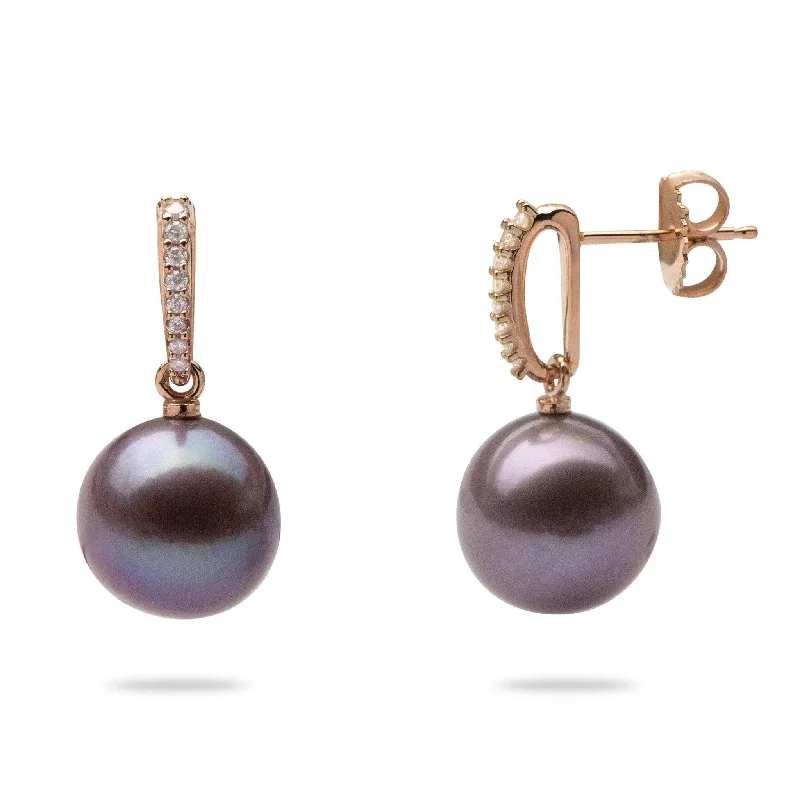 Drop Earrings with Debossed Designs -Ultraviolet Pearl Earrings in Rose Gold with Diamonds - 11-12mm