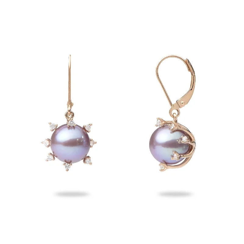 Drop Earrings for Christmas Party -Protea Ultraviolet Freshwater Pearl Earrings in Rose Gold with Diamonds - 10-11mm