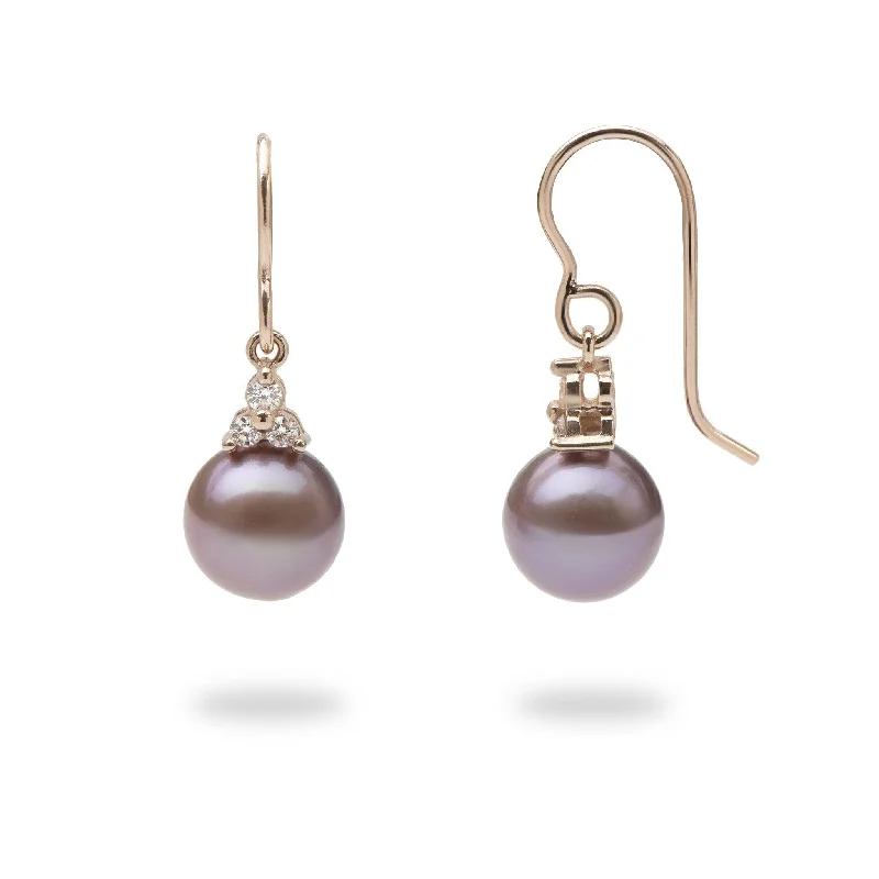 Drop Earrings for Bridesmaids Look -Ultraviolet Freshwater Pearl Earrings in Rose Gold with Diamonds - 9-10mm