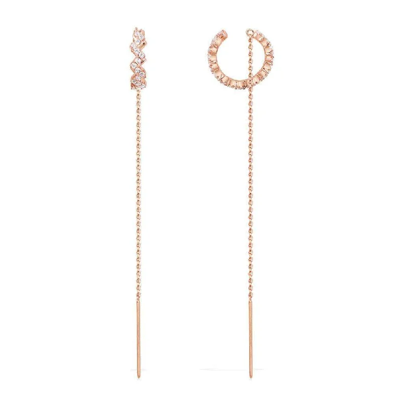 Long Drop Earrings for Dramatic -Up And Down Ear Cuff with Chain - Pink Silver