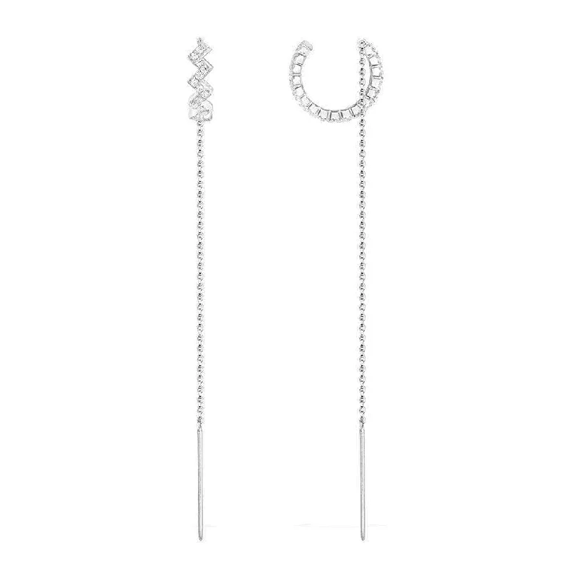 Large Drop Earrings for Statement -Up And Down Drop Ear cuff with Chain - Silver