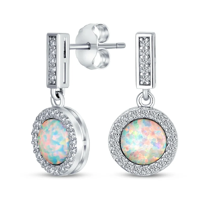 Round Drop Earrings for Classic -Vintage Style Dangle Gemstone Earrings with CZ Halo & Opal Sterling Silver