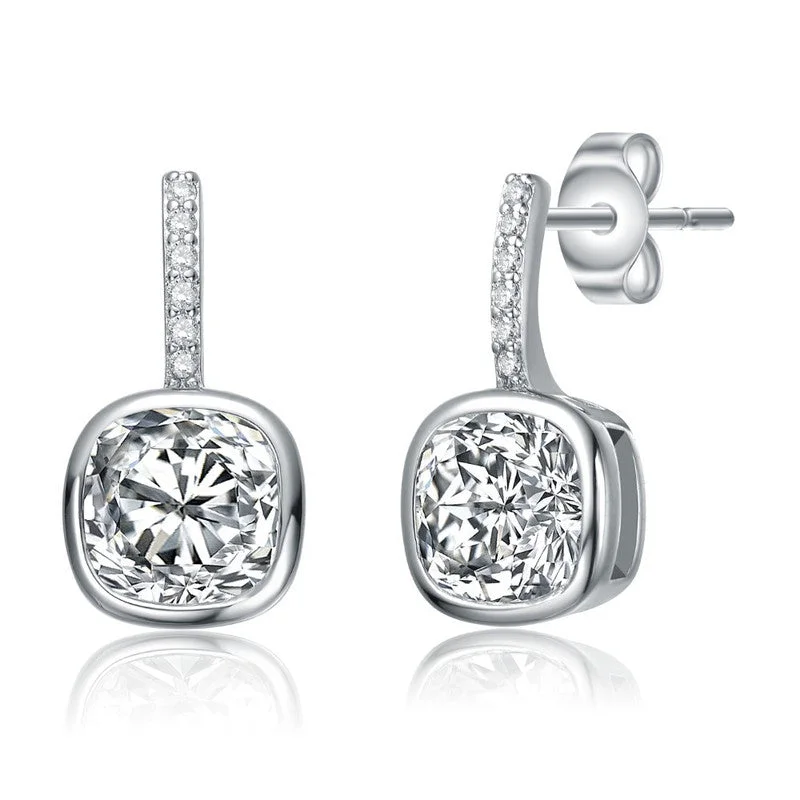 Hippie Stud Earrings with Beads -White Gold Plated Square Framed Stud Linear Earrings with Clear Cubic Zirconia