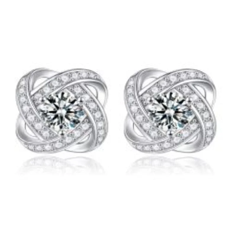 Stud Earrings with Vine Designs -White Gold Plated with Clear Round Simulated Diamond Halo Earrings