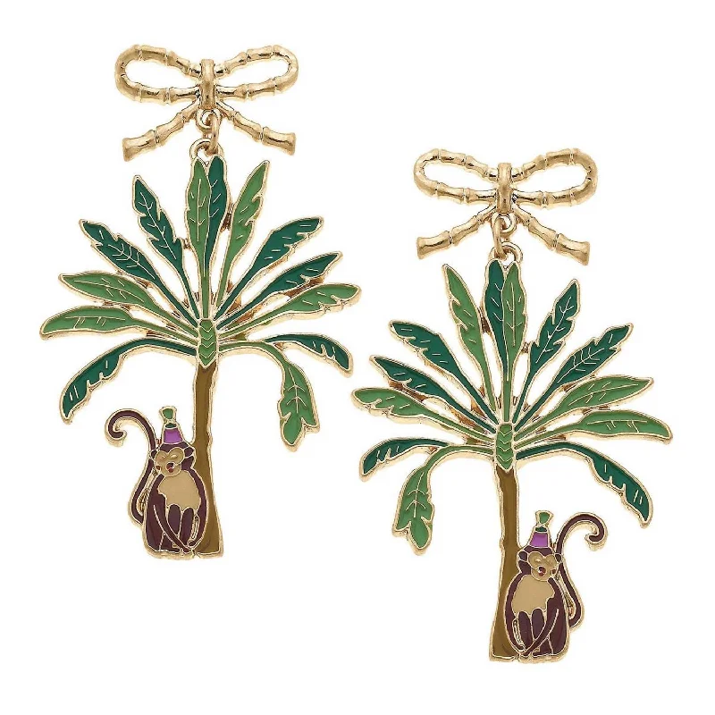 Stud Earrings with Polished Shine -Women's Henley Enamel Monkey With Palm Tree Earrings In Green/brown