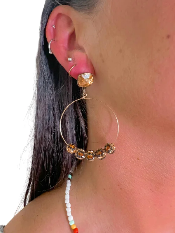 Stud Earrings with Hammered Finish -Women's Light Silk Cushion Crystal With Leopard Pave Bead Wire Earrings In Brown/gold