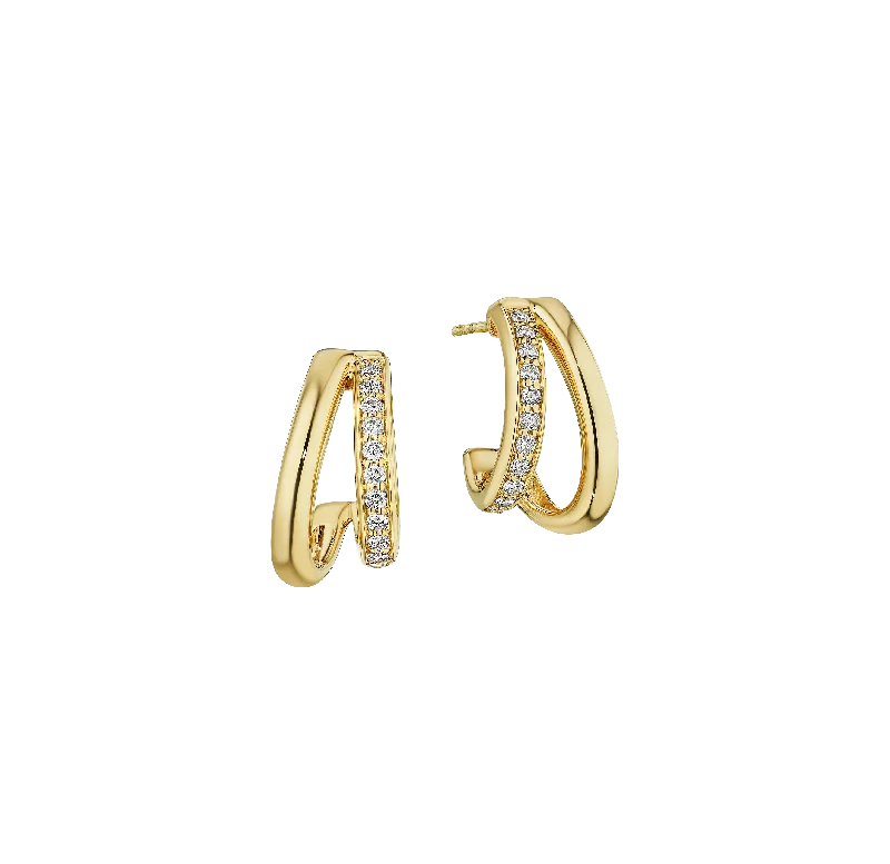 Drop Earrings with Hammered Finish -Sabel Collection Yellow Gold Two Row J Hoop Earrings with Diamonds