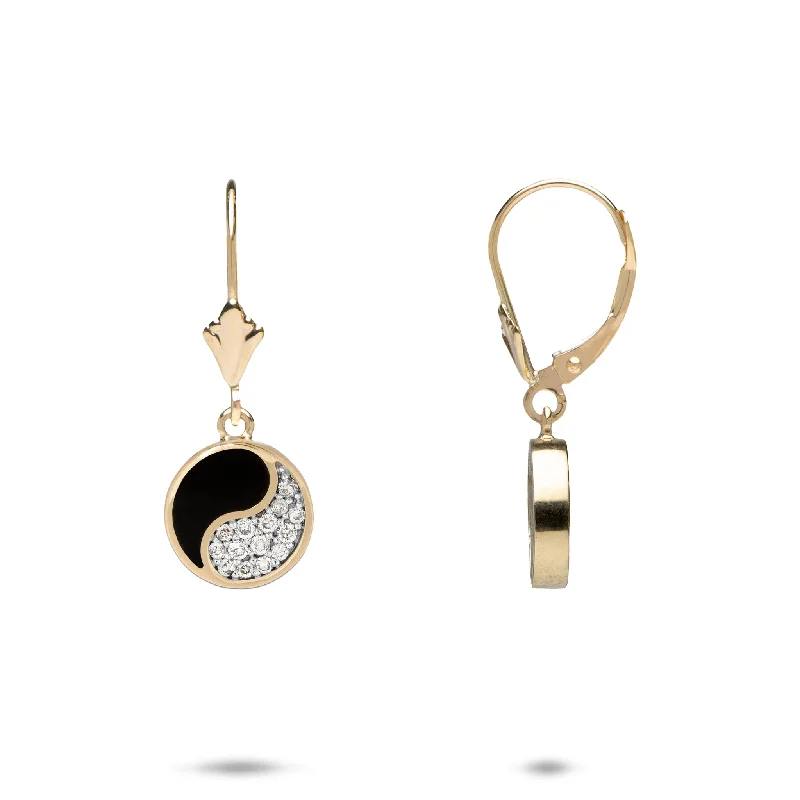 Vintage Drop Earrings with Patina -Yin Yang Black Coral Earrings in Gold with Diamonds - 10mm