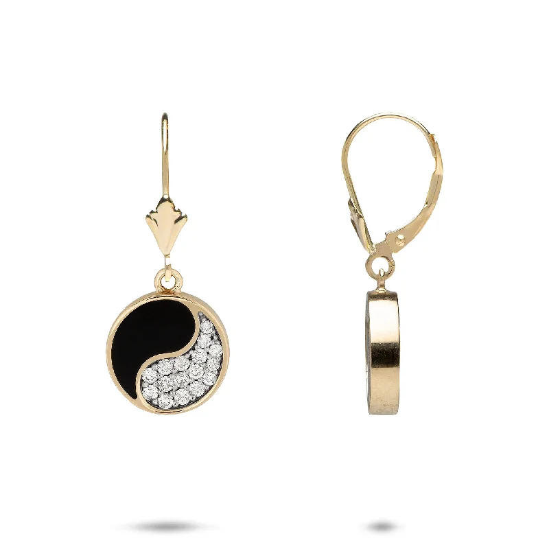 Retro Drop Earrings for Nostalgia -Yin Yang Black Coral Earrings in Gold with Diamonds - 12mm