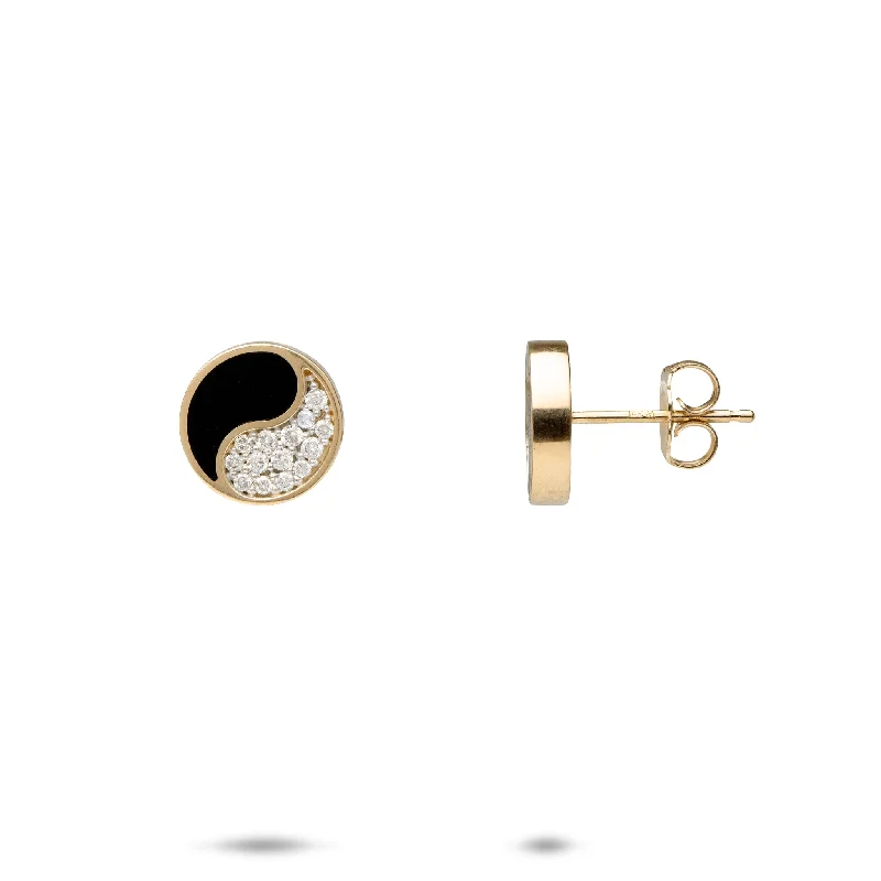 Drop Earrings for Travel Look -Yin Yang Black Coral Earrings in Gold with Diamonds - 10mm