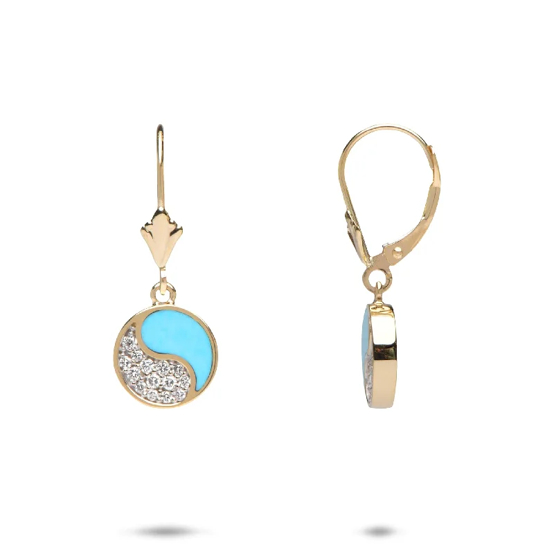 Drop Earrings with Filigree Work -Yin Yang Turquoise Earrings in Gold with Diamonds - 10mm