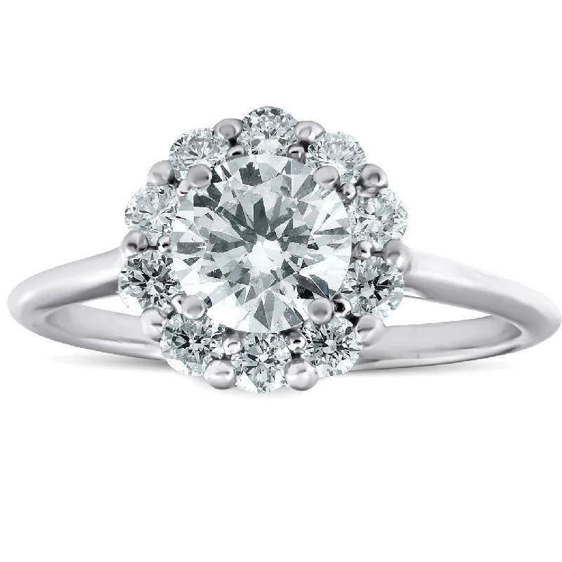 Rings with double bands for modern twist -1 1/2 Ct Halo Round Diamond Engagement Ring 14k White Gold Lab Created