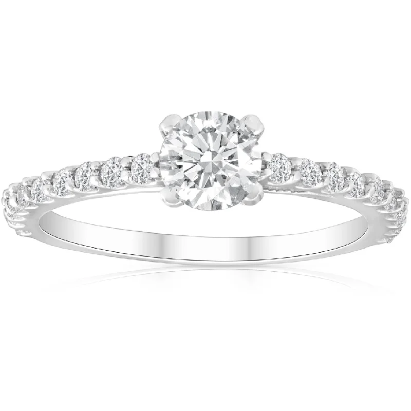 Minimalist rings with tiny diamond dot accents -1 1/2 Ct Round Cut Diamond Engagement Ring Single Row 14k White Gold