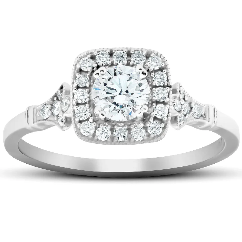 Rings with pave ruby for dazzling sparkle -1/2 Ct Cushion Halo Diamond Pave Engagement Ring 14k White Gold