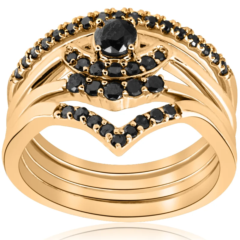 Rings with sleek black agate for edge -1/2ct 4-Ring Stackable Yellow Gold Black Diamond Curved Wedding Engagement Set