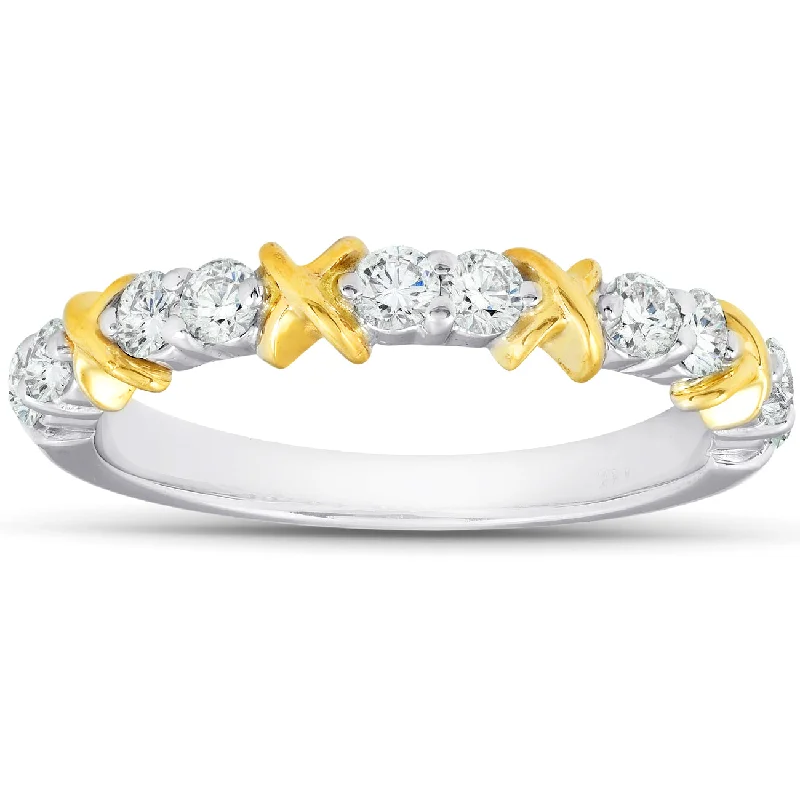 Rings with vintage-inspired rose-cut diamonds -1/2Ct Diamond Wedding Womens Ring Two Tone Band 14k White & Yellow Gold