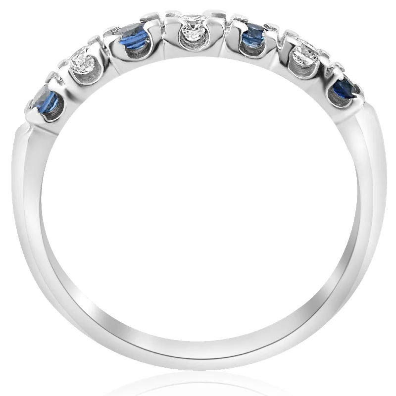 Rings with rough sapphire for rugged chic -1/3ct Blue Sapphire & Diamond Wedding Ring Stackable Band White Gold 10k