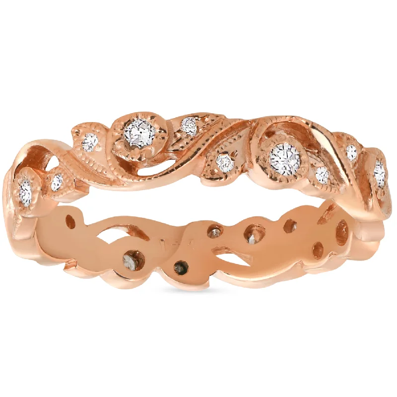 Rings with oxidized silver for antique appeal -1/4ct Diamond Eternity Ring 14k Rose Gold Scroll Vintage Leaf