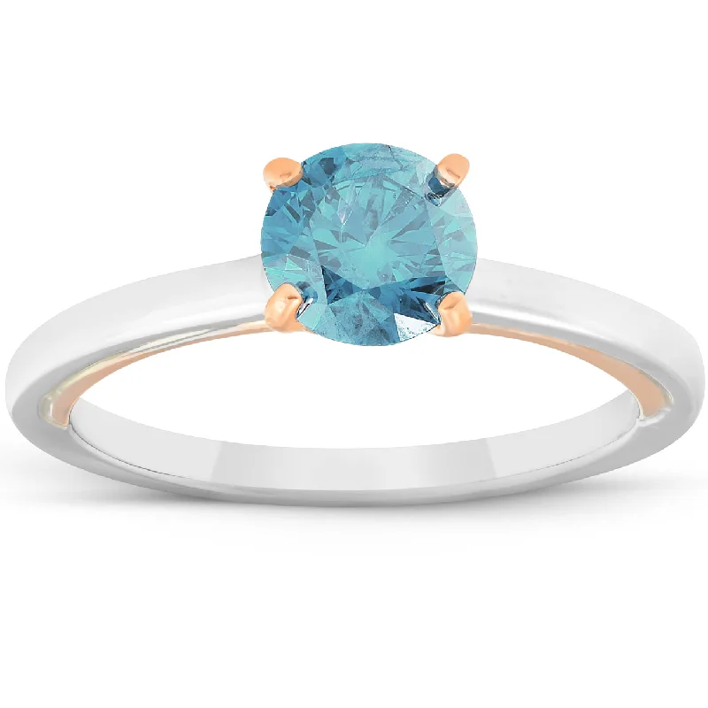 Rings with vine-wrapped bands for nature -1 Ct Blue Diamond Solitaire Two Tone Engagement Ring 14k White & Rose Gold