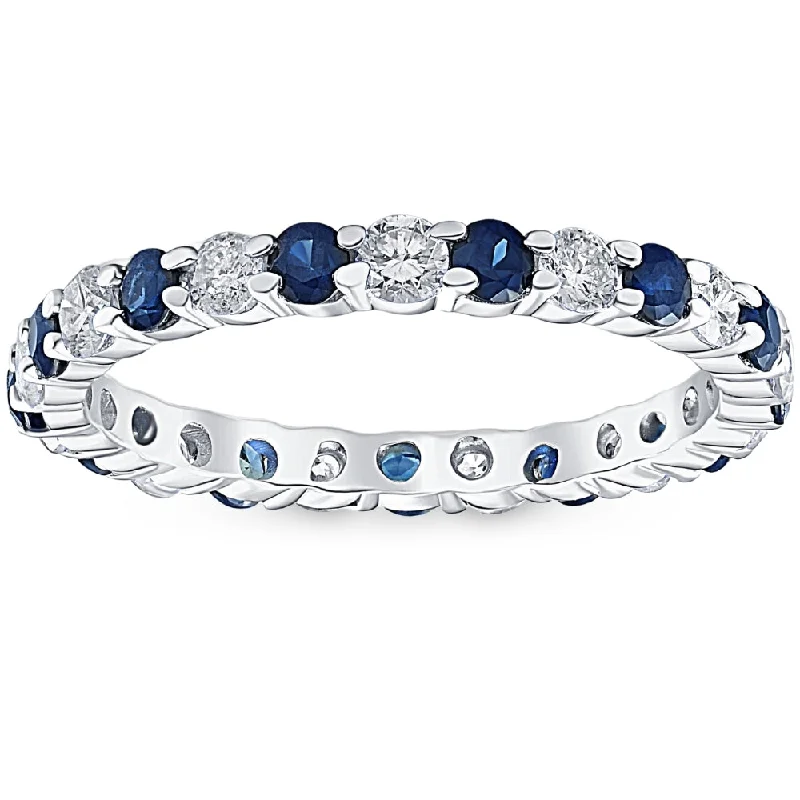 Rings with lapis lazuli for rich blue -1 cttw Blue Sapphire Diamond Wedding Eternity Ring 14k White Gold